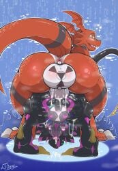 absurd_res anal anal_penetration anthro anus ass balls bandai_namco bent_over big_penis black_body black_sclera blush bodily_fluids cum cum_in_ass cum_inside digimon digimon_(species) digimon_ghost_game duo erection genital_fluids genitals guilmon gulusgammamon hi_res male male/male male_penetrated male_penetrating male_penetrating_male mrt0ony penetration penile penile_penetration penis red_body sex tail