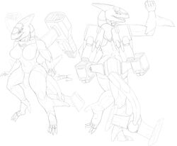 airplane android animal claw clenched_teeth dickgirl doodle fin fish gunship hi_res highres imogen intersex living_machine machine marine mecha mechwalker metal model_sheet monochrome posing robot shark sketch whitedragon