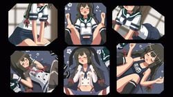 16:9 1girls animated bent_over blush bouncing_breasts braid breasts brown_hair clothing cosplay female hair_ornament hair_ribbon hangaku implied_sex isonami_(kantai_collection) kantai_collection long_hair lying murakumo_(kantai_collection)_(cosplay) offscreen_sex on_back open_mouth out-of-frame_censoring ribbon school_uniform serafuku sexually_suggestive shimakaze_(kantai_collection)_(cosplay) skirt socks spread_legs sukumizu swimsuit thighhighs thighs tied_hair