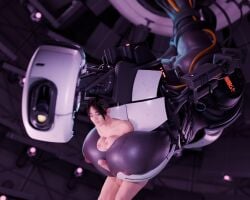 3d ass big_ass big_breasts big_cock black_hair boobjob breast_squeeze breast_squish breasts chell female futa_on_female futanari glados intersex likkezg massive_ass massive_breasts paizuri penis portal portal_(series) portal_2 restrained robot robot_girl size_difference suffocation valve valve_(company)