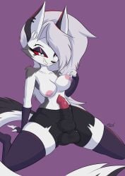 1futa 1girls absurd_res animal_genitalia animal_penis anthro bodily_fluids bottomwear bulge canid canid_demon canine canine_genitalia canine_penis clothed clothing demon demon_futa demon_girl dripping ear_piercing ears eyelashes eyeshadow female fingerless_gloves furry genital_fluids genitals goth goth_futa goth_girl grey_body grey_fur grey_hair grin gynomorph handwear hellaverse hellhound helluva_boss hi_res intersex kneeling legwear lidded_eyes long_hair looking_at_viewer loona_(helluva_boss) makeup mammal mythological_canine mythological_creature mythology nipple_fetish nipple_piercing nipple_pinch nipple_play nipples no_underwear penis penis_poking_out penis_shaped_bulge piercing pinch precum precum_drip presenting presenting_penis red_sclera reminic shorts smile smug_grin solo spread_legs spreading stockings tail thigh_highs thighhighs topless topless_anthro topless_intersex two_tone_body two_tone_fur two_tone_tail white_body white_eyes white_fur wolf wolf_girl