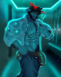 2025 abs absurd_res anthro antlers arm_hair artist_name barazoku bathroom black_hair body_hair bottomwear bulge chest_hair clothed clothing collared_shirt deer digital_media_(artwork) ear_piercing electronics facial_hair glowing glowing_horn hair hi_res holding_object holding_phone horn male mammal muscular muscular_anthro muscular_male nipples pants partially_clothed pecs phone piercing pubes public_restroom selfie shirt smile smiling_at_viewer solo srzant text topwear unbuttoned_shirt underwear yellow_sclera