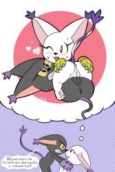 absurd_res angry anthro bandai_namco bianc_(el_senor_erizo) black_body black_fur blackgatomon blush claws clothing dialogue digimon digimon_(species) duo eye_contact eyelashes fantasizing felid feline female female/female fur gatomon genitals gloves handwear hi_res humor looking_at_another lying_on_another mammal mr_harinezumi nera_(el_senor_erizo) one_eye_closed open_mouth pussy simple_background smile spanish_text tail text vulva white_body white_fur wink