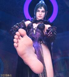 1girls 3d 3d_(artwork) armor baldur's_gate baldur's_gate_3 bangs black_hair braid braided_hair circlet dominant_female elf female foot_fetish foot_focus foot_up from_below looking_at_viewer nexus_9 pointy_ears robe scar shadowheart toes