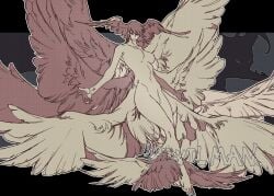 1boy absurdres angel bakushi_(smys2017) breasts completely_nude demon devilman devilman_crybaby feathered_wings female full_body futanari head_wings highres intersex letterboxed looking_at_viewer male multi_wing nude outside_border penis satan_(devilman) short_hair wings