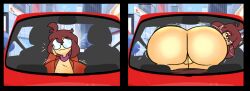 1girls :3 ahoge ass big_ass boss_(thelittlenerdys) brown_hair cara city_background fat_ass female glasses inside_car looking_back mooning partially_clothed pussy scarf short_hair skaler2 tremble_spikes twitter_user_sona uncensored