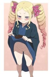 1girls 2020s 2025 absurd_res barefoot beatrice_(re:zero) blonde_hair blue_eyes blue_kimono blush border closed_mouth clothes_lift drill_hair feet_out_of_frame female fenqury flashing forehead gradient_background gradient_hair hi_res japanese_clothes kimono kimono_lift lifting_own_clothes light-skinned_female light_skin multicolored_hair navel no_panties obi petite petite_body petite_female pink_background pink_hair pink_ribbon pussy re:zero_kara_hajimeru_isekai_seikatsu ribbon sash sidelocks smile smug solo standing sweat symbol-shaped_pupils twin_drills two-tone_hair uncensored white_border yukata