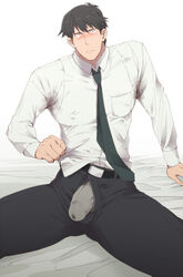 1boy bara bed blush bulge crotch idolmaster idolmaster_cinderella_girls looking_at_viewer male_only muscle necktie producer_(idolmaster) producer_(idolmaster_cinderella_girls_anime) sitting solo sweat undressing