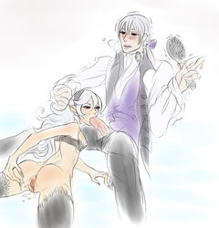 1boy 1girls butler corrin_(fire_emblem) corrin_(fire_emblem)_(female) erection fellatio female fire_emblem fire_emblem_fates hairbrush jakob_(fire_emblem) oral penis revoltingrat silver_hair sitting straight