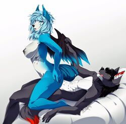 anthro armpits black_fur blue_fur canine caracal chest_tuft dou feline female female_on_top fur grey_nipples hair hazakyaracely hybrid large_breasts long_hair looking_at_viewer male mammal nipples on_top straight tuft wings wolf zamora(sisters) zoe_zamora