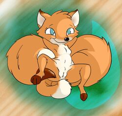 2014 anthro armpits blue_eyes breasts canine cute featureless_breasts female fluffy fluffy_tail fox foxy foxy_asso fur happy hi_res kitsona kitsonafox lying mammal mascot navel nude on_back pussy smile solo text wide_hips