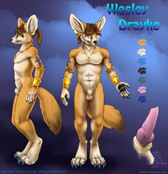 1boy animal_genitalia animal_penis ankh anthro athletic auburn_hair canine canine_penis curiodraco digitigrade ear_piercing fennec fox jewelry male male_only mammal model_sheet nude penis piercing sheath simple_background solo tattoo wesley_(character)