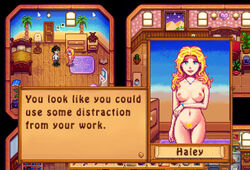 1boy 1girls aqua_eyes areolae bed blonde_hair bracelet breasts brown_hair clothed female haley_(stardew_valley) human long_hair looking_at_viewer male navel necklace nipples nude pixel pixel_art pubic_hair pussy short_hair standing stardew_valley text