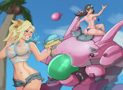 2girls alternate_costume ass bikini_malfunction breasts d.va markydaysaid meka mercy multiple_girls nipples nipples_visible_through_clothing overwatch pokies shorts tagme topless unbuttoned_shorts wardrobe_malfunction wet_t-shirt