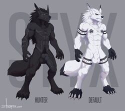 1boy 2015 4_toes 5_fingers abs alternate_color animal_genitalia animal_penis anthro balls biceps black_fur black_hair black_markings black_nose blue_eyes canine canine_penis claws digitigrade dipstick_tail dire_wolf english_text erection eye_markings fluffy fluffy_tail full-length_portrait full_length fully_sheathed fur gloves_(marking) grey_background hair hi_res knot male male_only mammal markings model_sheet multicolored_fur multicolored_tail muscular muscular_male nude pecs penis portrait sheath signature simple_background socks_(marking) solo standing stoopix styx_(jelomaus) tattoo text toe_claws toes two_tone_fur werewolf white_fur white_hair wolf yellow_eyes