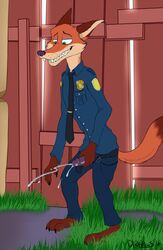 1boy 2016 anthro canine clothed clothing cum disney fox foxmusk fur male male_only mammal masturbation nick_wilde orgasm outside penis police solo uniform zootopia