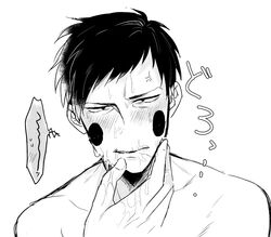 1boy black_eyes black_hair cum cum_on_body dimple_(character) facial human looking_at_viewer male male_only mob_psycho_100 monochrome short_hair solo topless