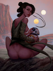 1girls areolae ass astromech_droid bb-8 bottomless breasts causticcrayon desert droid female female_focus jakku looking_at_viewer looking_back nipples rey sideboob solo_focus star_wars the_force_awakens