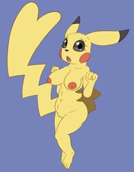 anthro areola armpits barefoot big_breasts big_tail black_eyes breasts chest_tuft erect_nipples eyelashes female front_view fur head_tuft long_tail looking_at_viewer mammal mouse navel nintendo nipples nude open_mouth pikachu pokemon posexe pussy rodent simple_background slightly_chubby solo tongue tuft video_games wide_hips yellow_fur