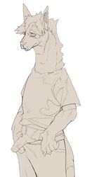 1boy anthro camelid circumcised clothing flat_colors holding_penis humanoid_penis liteu llama long_neck looking_down male male_only mammal monochrome penis poking_out shirt solo standing sweatpants t-shirt