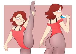 1girls arkeus ass black_eyes blush brown_hair drinking drinking_water female female_only hilda_(series) huge_ass johanna_(hilda) legs_up looking_at_viewer looking_back looking_behind milf solo splits stretching vertical_splits