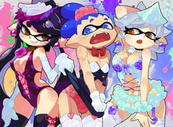 1boy 27_degrees 2girls anthro ass_to_ass assisted_exposure black_hair blue_eyes blue_hair bow bowtie breasts bulge callie_(splatoon) cephalopod cephalopod_humanoid choker cleavage crossdressing earrings elbow_gloves fangs garter_belt garter_straps gloves gradient gradient_background grey_hair grin hat humanoid inkling inkling_boy jewelry john_(splatoon) large_breasts lingerie long_hair marie_(splatoon) mask_(marking) mole mole_under_eye multiple_girls nintendo paint_splatter panties pointy_ears ponytail pose skirt skirt_lift skirt_pull skirt_tug smile splatoon squid squid_sisters tears tentacle tentacle_hair thighhighs tied_hair trap underwear yellow_eyes