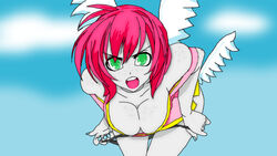 akamai_(artist) angel angry cleavage female green_eyes looking_at_viewer pink_hair rubi solo undressing wings_of_vi you_gonna_get_raped