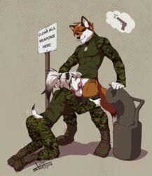 2016 anthro boots camo camouflage canine closed_eyes clothed clothed_sex clothing dalmatian deep_throat dog_tags duo english_text fellatio female footwear fox jacket kara_resch male mammal military military_uniform oral oral_sex pants penis pictographics saliva sex smile stoopix straight text