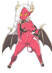 azurel_(character) black_wings breasts clothed_female demon demon_girl demon_horns demon_tail demon_wings devil evil_smile female horns inkerton-kun inkuusan large_breasts monster_girl red_skin standing tail tail_insertion tail_masturbation white_hair wings wings_of_vi yellow_eyes