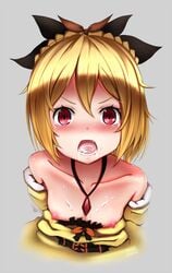 after_fellatio bare_shoulders blonde_hair bow breasts collarbone cum cum_in_mouth cum_on_body cum_on_breasts cum_on_upper_body cute_fang dress dress_pull elbow_gloves felt_(re:zero) female ginhaha gloves hairbow looking_at_viewer nipples open_mouth petite re:zero_kara_hajimeru_isekai_seikatsu red_eyes short_hair small_breasts solo tears