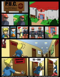 4boys ass blonde_hair blue_eyes chacomics clothed comic crossover english_text erection gloves grovyle growlmon hat human male male_only narse nicobay_(artist) nintendo nude penis pokemon poster rabin shirt short_hair sign standing tail testicles text video_games