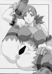 00s armlet ass breasts censored female female_only gloves hair_ornament koutarou large_breasts long_hair looking_at_viewer monochrome naomi_fluegel scan solo spiked_hair spread_legs zoids zoids_new_century