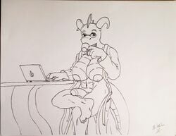 anthro bathrobe beverage breasts claws clothing coffee coffee_table computer dragon drinking eyewear fin glasses herm horn intersex laptop nipples penis robe scalie sitting stool thepainfultruth traditional_media_(artwork)