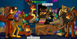 4_fingers 4_toes 8boys all_fours ambiguous_gender anal anal_sex animal_genitalia anthro ass backsack big_ears birthday black_fur black_hair black_nose blue_eyes brown_hair cake camera canine cervine circumcised closed_eyes clothed clothing cum deer detailed_background dialogue english_text erection eyewear fellatio food fox fur furry gay glasses grey_eyes group group_sex hair humanoid_penis inner_ear_fluff kangaroo krezz_karavan lagomorph lying male mammal marsupial masturbation nude open_mouth oral orange_fur orgy original_character partially_clothed penetration penis pink_nose precum purple_eyes rabbit raccoon raised_tail red_eyes sex short_hair skunk standing tail_grab teeth testicles text toes tongue tongue_out white_fur white_hair yellow_eyes yellow_fur