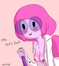 adventure_time blush female glasses lab_coat labcoat no_bra norehana_art pink_hair princess_bubblegum scientist simple_background solo vial