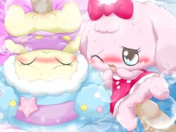 bed blue_eyes blush bow clothing cum cute dress female heart kiraritchi male one_eye_closed penis pussy sparkle straight suvaru sweat tamagotchi yumemitchi