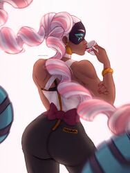 absurdres arms_(game) ass bad_id bad_twitter_id black_bra bow boxing_gloves bra bracelet bracelets choker commentary contrapposto criss-cross_halter cup dark-skinned_female dark_skin domino_mask drill_hair drinking earrings english_commentary eye_mask female fingernails from_behind green_eyes halterneck highres inactive_account incoming_attack jewelry koregoinglewd leaf_earrings lipstick long_hair looking_back makeup mask multicolored_hair nail_polish nose persy prehensile_hair purple_bow solo standing streaked_hair teacup toned twin_drills twintails twintelle_(arms) two-tone_hair underwear very_dark_skin very_long_hair white_background white_choker white_hair zipper