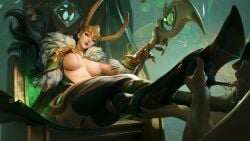 ass blindfold breasts breedable_hips cakiibb chained female female_focus femdom goddess green_clothing green_eyes hair heels helmet lady_loki lady_loki_(marvel_rivals) licking lips loki loki_(marvel_rivals) looking_at_viewer male malesub marvel marvel_comics marvel_rivals nipples rule_63 sitting smile smiling smiling_at_viewer staff video_game_character video_games
