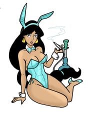 aladdin aladdin_(1992_disney_film) bare_legs black_hair brown_skinned_female bunny_costume bunny_ears bunny_girl bunnysuit disney disney_princess earrings hookah inspector97 jasmine_(aladdin) long_hair lying_on_side ponytail_female princess princess_jasmine royalty sensual_expression