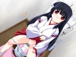 black_hair blush censored closed_mouth doki_doki_rooming dutch_angle female game_cg hakama hakama_lift indoors japanese_clothes long_hair looking_at_viewer miko mosaic_censoring mutou_keiji panties panty_pull peeing pussy red_eyes red_hakama sakaki_youko_(doki_doki_rooming) sitting solo spread_legs toilet toilet_brush toilet_use underwear urine white_legwear white_panties wooden_floor