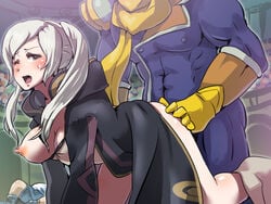 1girls 2boys ass_grab big_breasts blush boris_(noborhys) breasts captain_falcon chrom_(fire_emblem) clothed_sex doggy_style f-zero female fire_emblem fire_emblem_awakening male nintendo one_breast_out one_eye_closed robin_(fire_emblem) robin_(fire_emblem)_(female) sex straight super_smash_bros. super_smash_bros._for_nintendo_3ds_and_wii_u white_hair