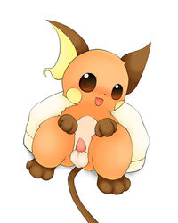 1boy balls brown_eyes chibi cute looking_at_viewer male male_only mammal nintendo nude penis pokemon pokemon_(species) raichu rodent schnecken simple_background sitting small_penis solo tapering_penis tongue tongue_out video_games white_background