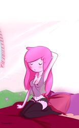 adventure_time bed legwear no_bra norehana_art panties princess_bubblegum solo tank_top