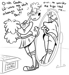 1girls accidental_exposure ass blush cheerleader cheerleader_uniform disney dog exposed_ass furry gollyollyoxenfree looking_at_butt looking_at_self looking_back mama_poodle mirror monochrome new_york_weenie no_panties pom_poms rough_sketch skirt_lift tail wardrobe_malfunction