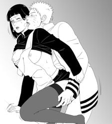 1boy 1boy1girl 1girls black_hair blush boruto:_naruto_next_generations breast_grab breasts couple female hal_(sakurajam) hyuuga_hinata large_breasts licking male/female monochrome naruto nipples straight uzumaki_naruto