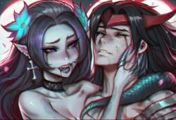 ai_art ai_assisted ai_generated aisei artistic_nude beautiful_sadness blood_drip blood_on_face cassiopeia_du_couteau choker couple couple_(romantic) couple_love cross_earrings crying crying_blood dramatic dramatic_pose fangs fangs_out female forsaken glitch glitch_effect glitching holding_head hug_from_behind league_of_legends league_of_legends:_wild_rift looking_into_eyes monochrome_background sad shattered snake snake_girl spirit_blossom_cassiopeia spirit_blossom_series tears vampire yone