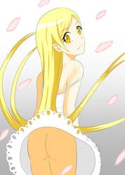 ass bakemonogatari bare_shoulders blonde_hair clothing cute_fang dress eyebrows_visible_through_hair female from_behind gradient_background hedgehog_(harinezumi) long_hair looking_at_viewer looking_back monogatari_(series) oshino_shinobu pointy_ears solo upskirt yellow_eyes