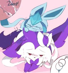 blush bow bow_tie cum eeveelution eyewear feral fur glaceon glasses male male_only male_sylveon nintendo penis pokemon pokemon_(species) purple_fur purpleninfy simple_background smile sylveon video_games