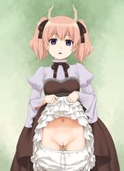 1girls ass_visible_through_thighs bangs belly_button blue_eyes breasts cleft_of_venus coinslot_pussy crappydecens decensored demon demon_female demon_girl demon_horns dress_lift exposed_pussy female female_demon frieren_beyond_journey's_end fuji_shinobu gluteal_fold hair_ribbon innie innie_pussy innie_vulva knickers lifting_skirt light-skinned_female linie_(sousou_no_frieren) looking_at_viewer medium_breasts peach_hair presenting_pussy pussy shaved_crotch shaved_pussy shaved_vagina skirt_lift sousou_no_frieren thighs twintails uncensored underwear underwear_down vagina