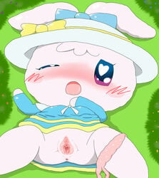 blush bow clothing dress drooling female grass hat heart looking_at_viewer lying one_eye_closed open_mouth purple_eyes pussy saliva spreading tamagotchi unknown_artist unknown_species yumemamatchi